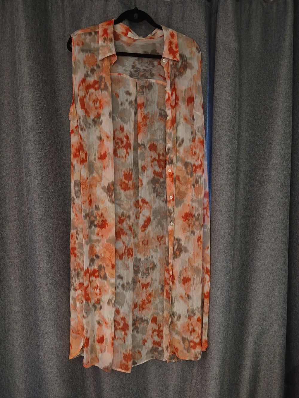 Vince Camuto Sheer Floral Button-Front Sleeveless Vest/tunic in Orange/corals.